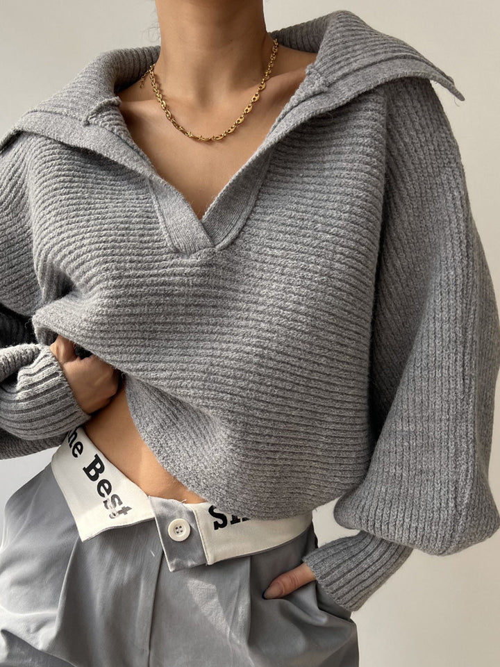 Jane | Women's Ribbed Polo Sweater with Split Collar and Wide Cuffs