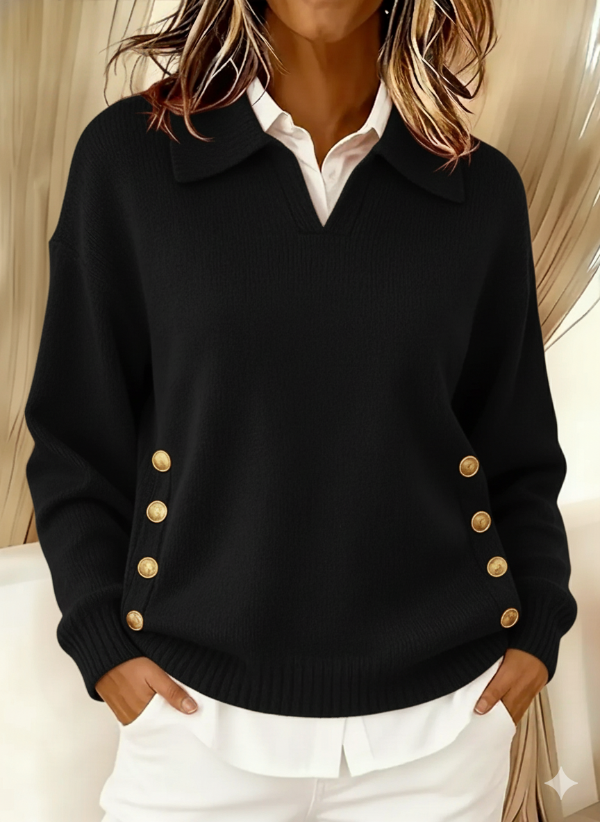 Vynette | Women's V-Neck Sweater Featuring Fold-Over Collar and Button Details