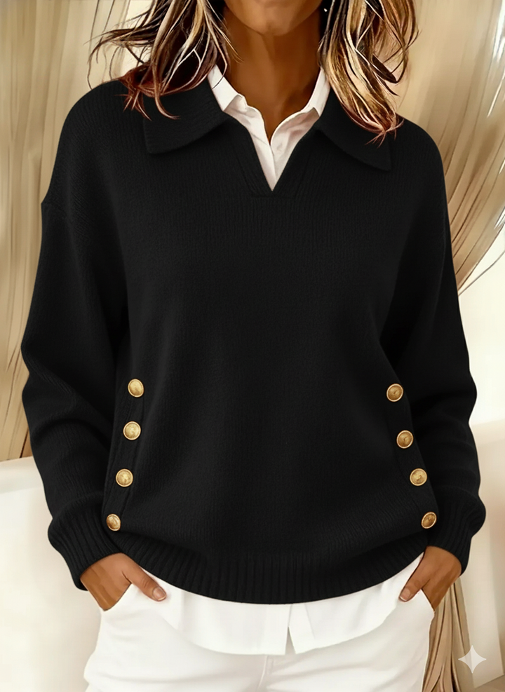 Vynette | Women's V-Neck Sweater Featuring Fold-Over Collar and Button Details