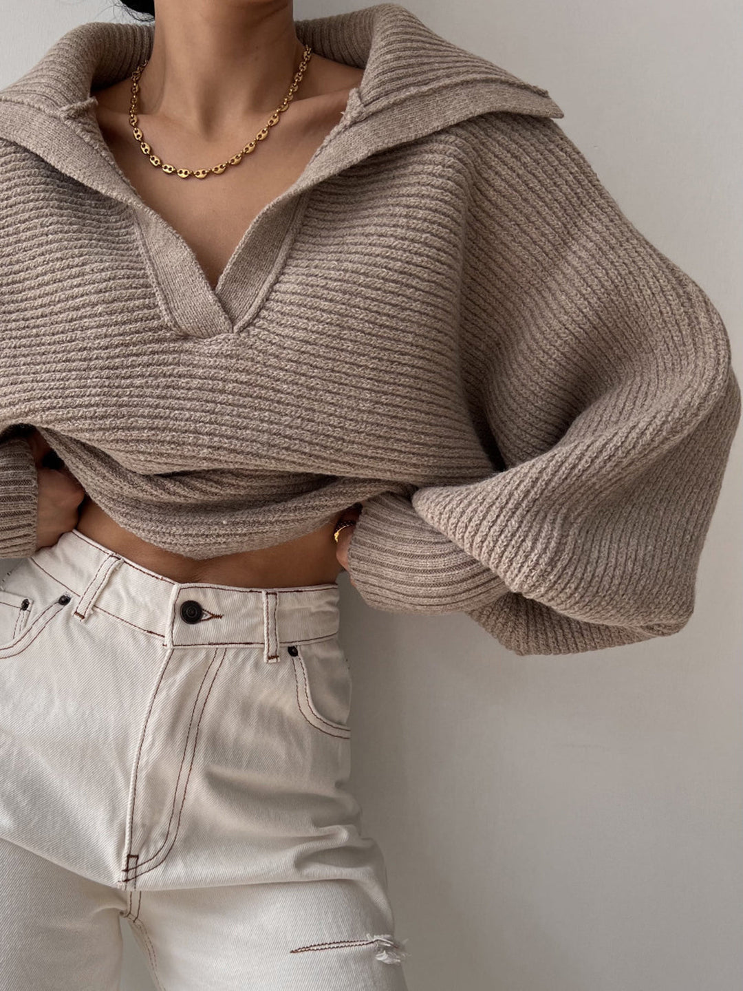 Jane | Women's Ribbed Polo Sweater with Split Collar and Wide Cuffs