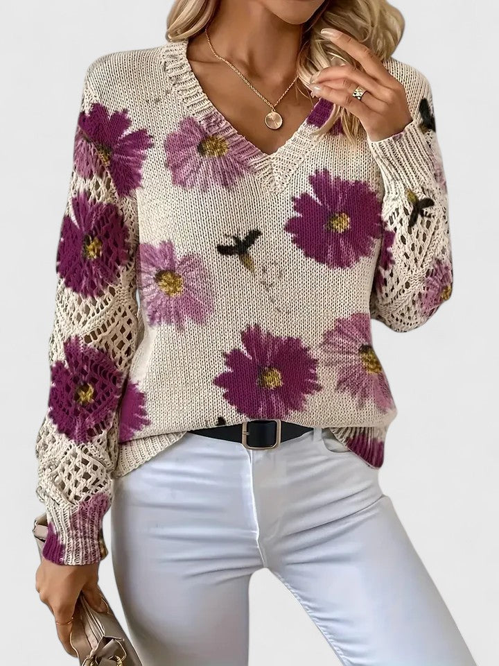 Charlie | Women's Floral Knit Sweater with Elegant V-Neck Design