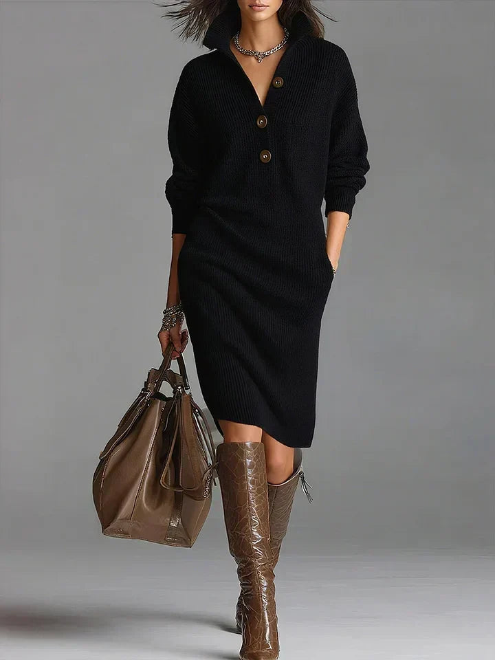 Quilla | Women's Collared Knit Sweater Dress with Button Accents