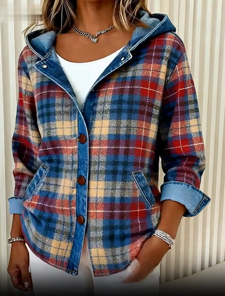 Nadrina | Women's Hooded Denim Jacket with Check Panel Contrast