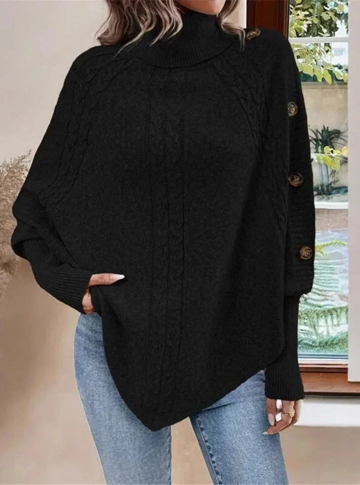 Meredith | Women's Batwing Knit Sweater with Mock Neck and Button Details