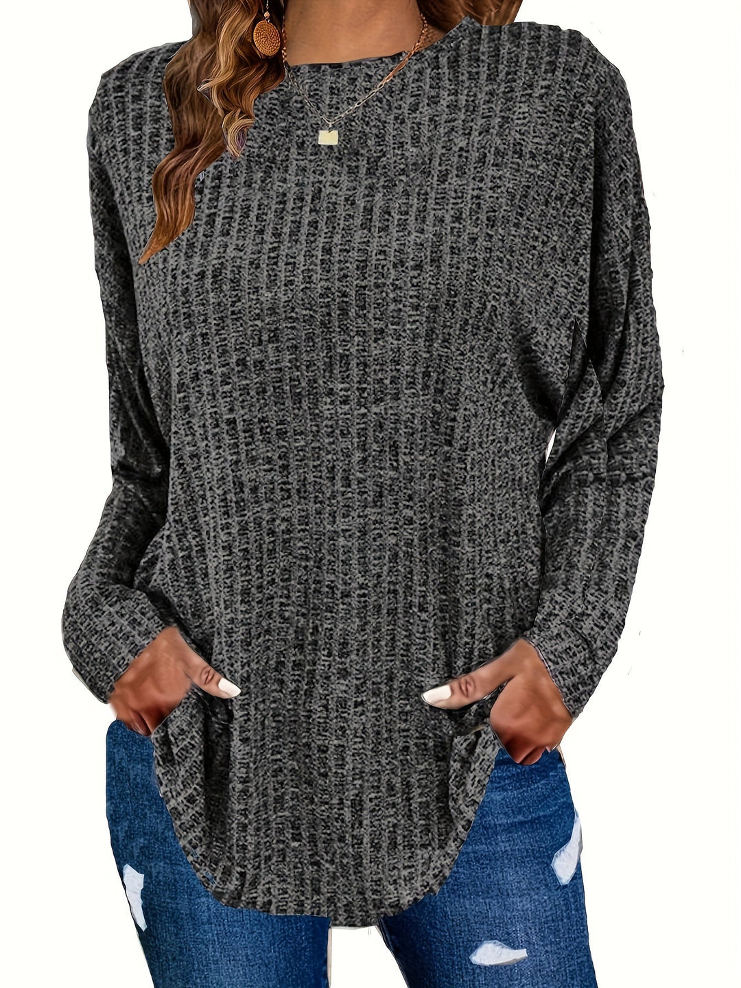 Paloma | Women's Waffle Knit Tunic Sweater with Curved Hem