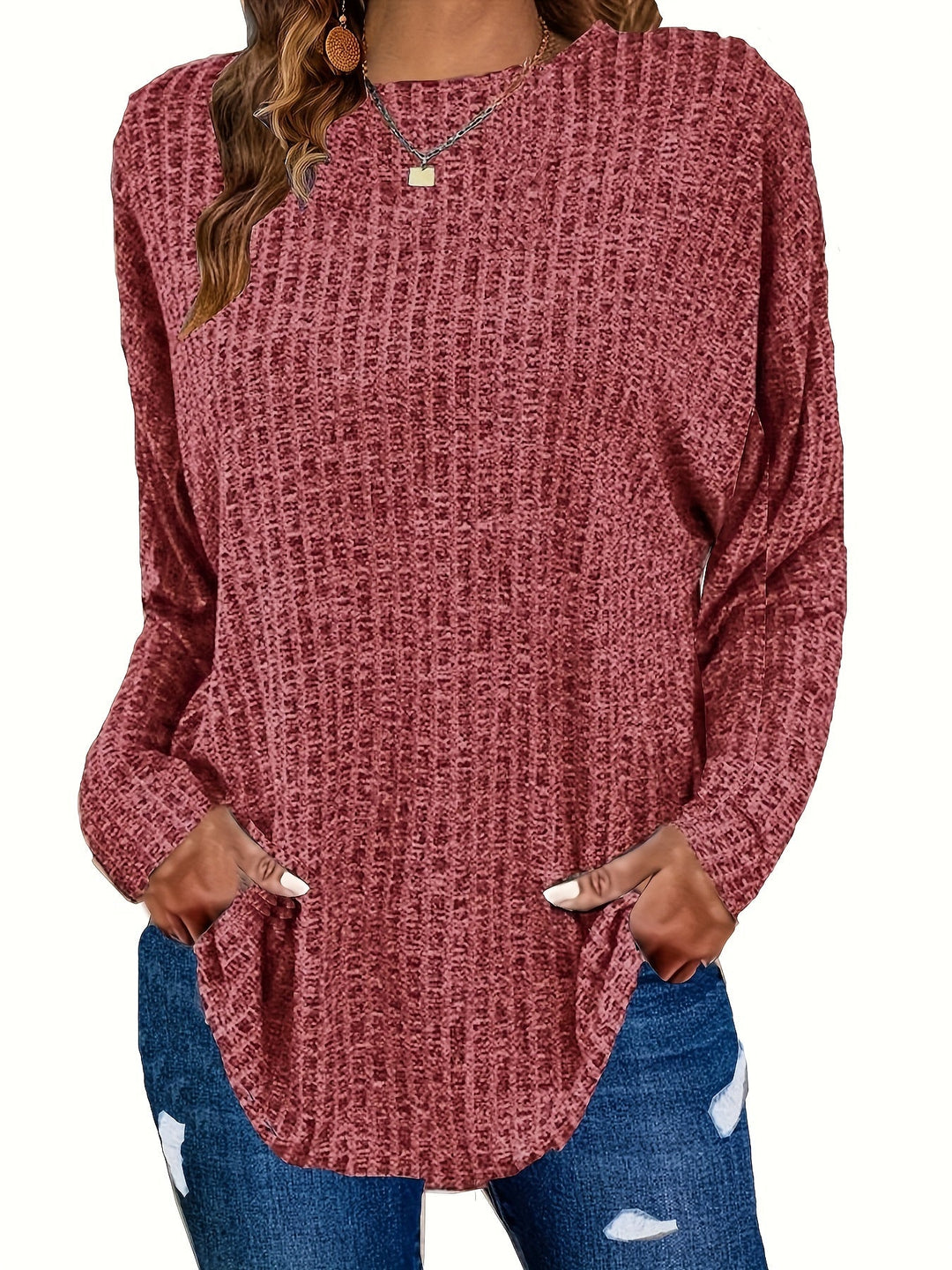 Paloma | Women's Waffle Knit Tunic Sweater with Curved Hem