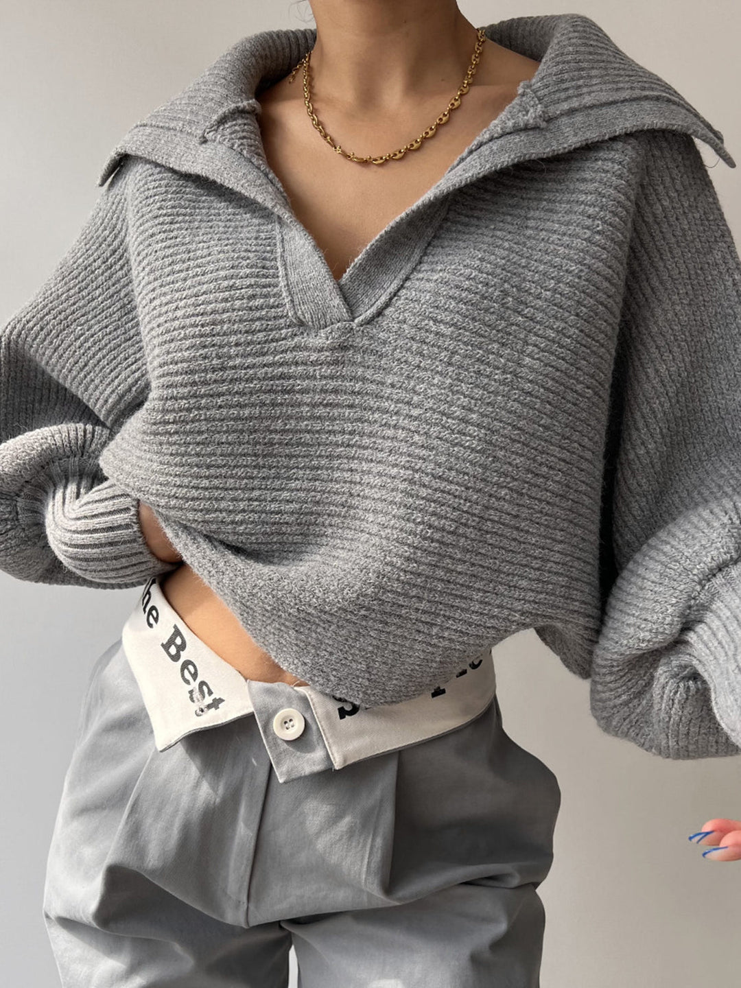 Jane | Women's Ribbed Polo Sweater with Split Collar and Wide Cuffs