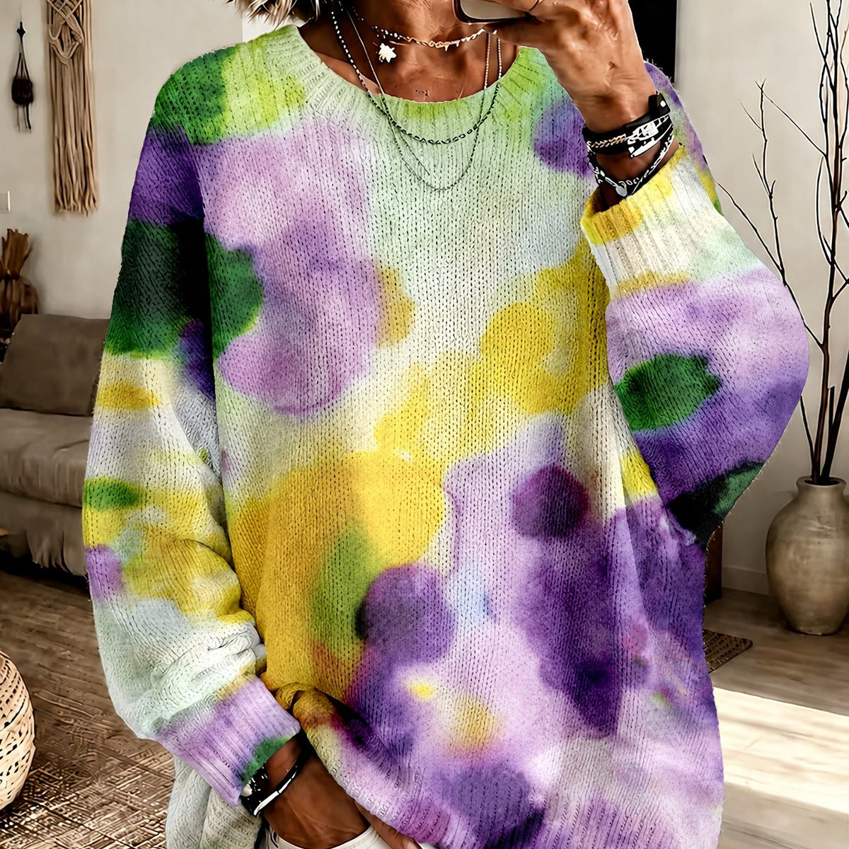 VIOLETTA | Floral Round-Neck Sweater in Purple Tie-Dye