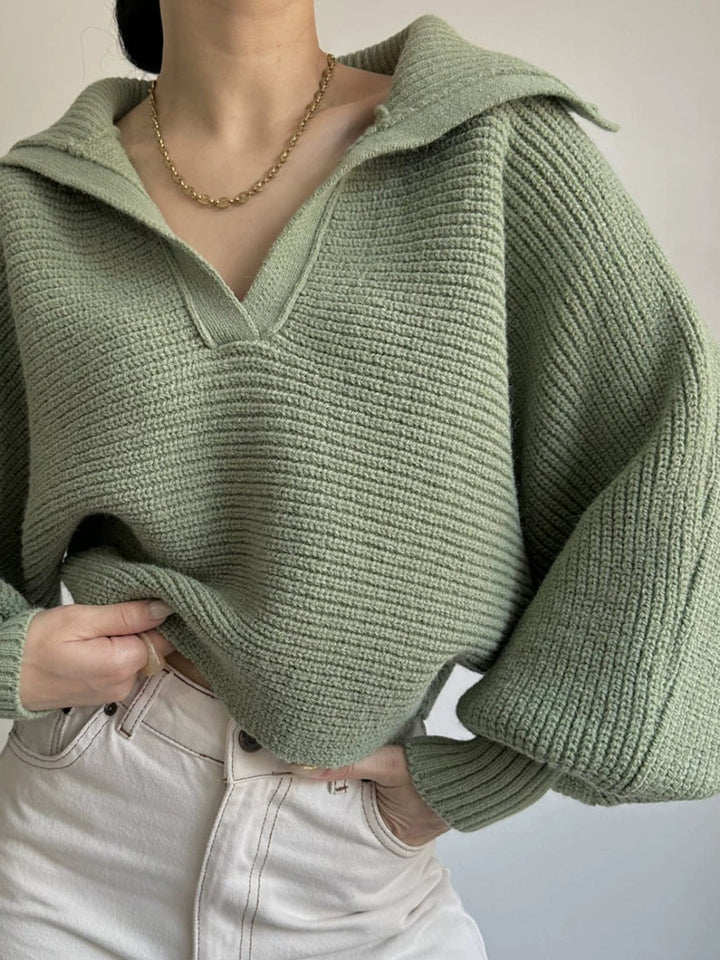 Jane | Women's Ribbed Polo Sweater with Split Collar and Wide Cuffs