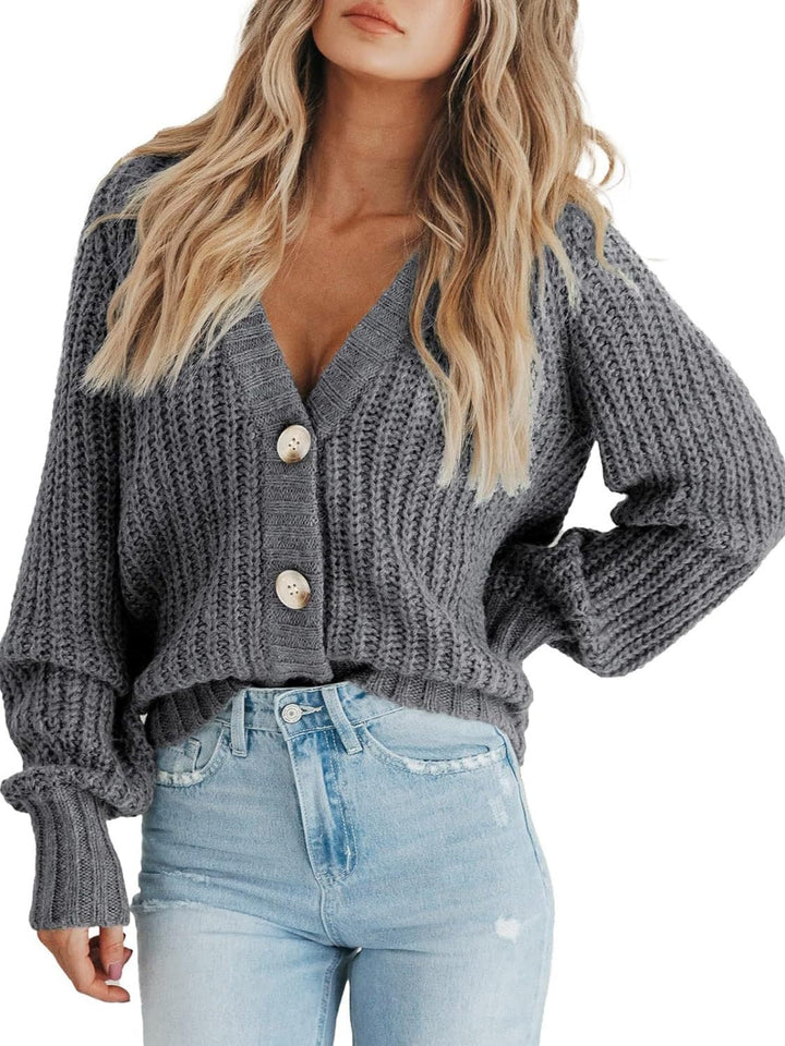 Cassandra | Women's Chunky Knit Cardigan with Deep V-Neck and Button Detail
