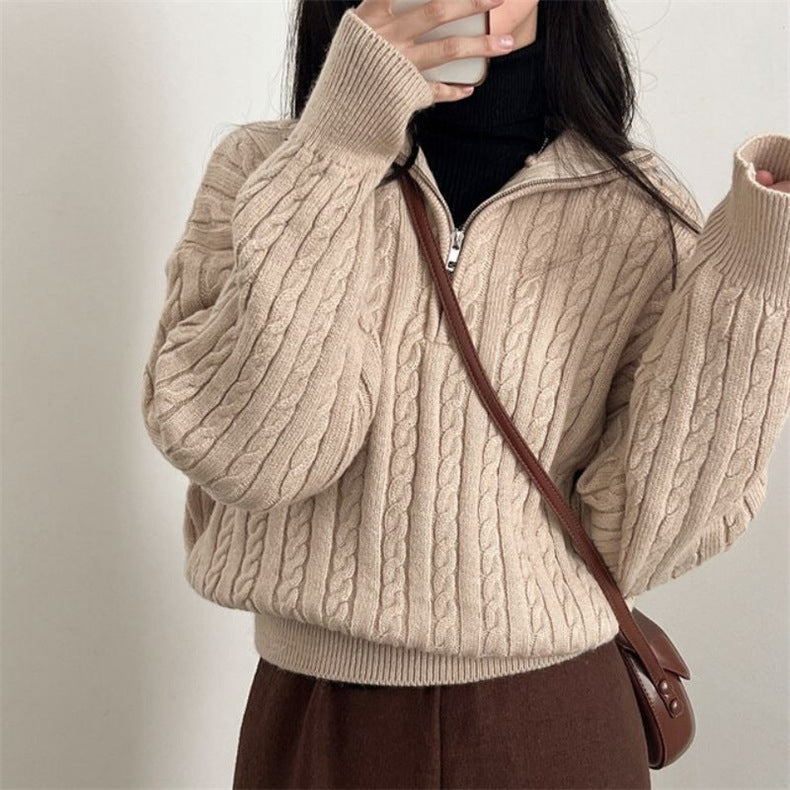 Fiona | Women's Cropped Cable Knit Sweater with Half-Zip Funnel Neck