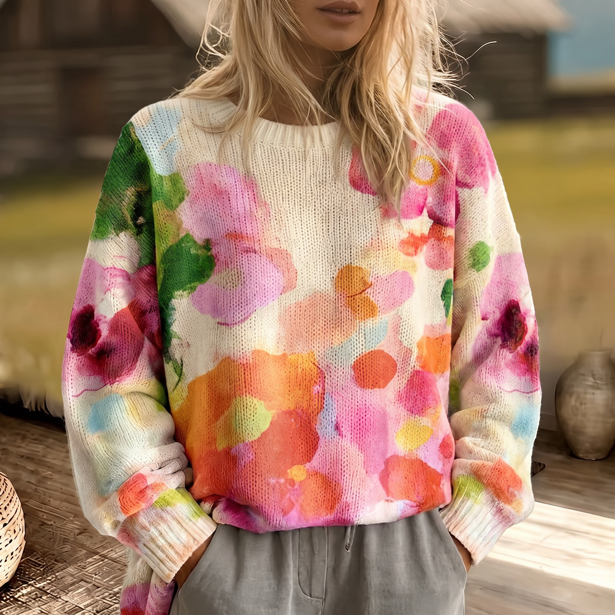 FERRONA | Colorful Tie-Dye Floral Knit Sweater