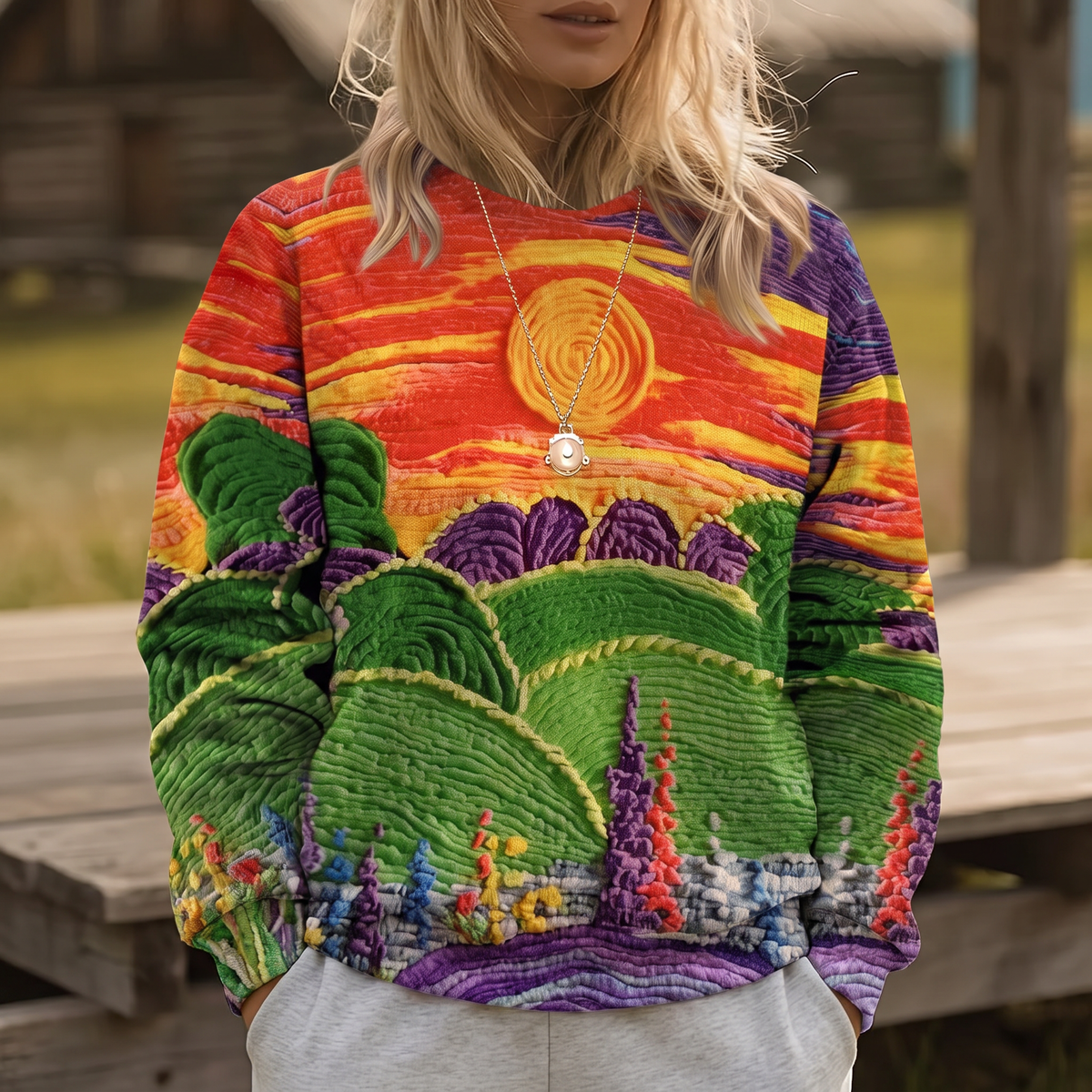 RAVELLA | SUNBURST LANDSCAPE PRINT COMFY RELAXED SWEATER