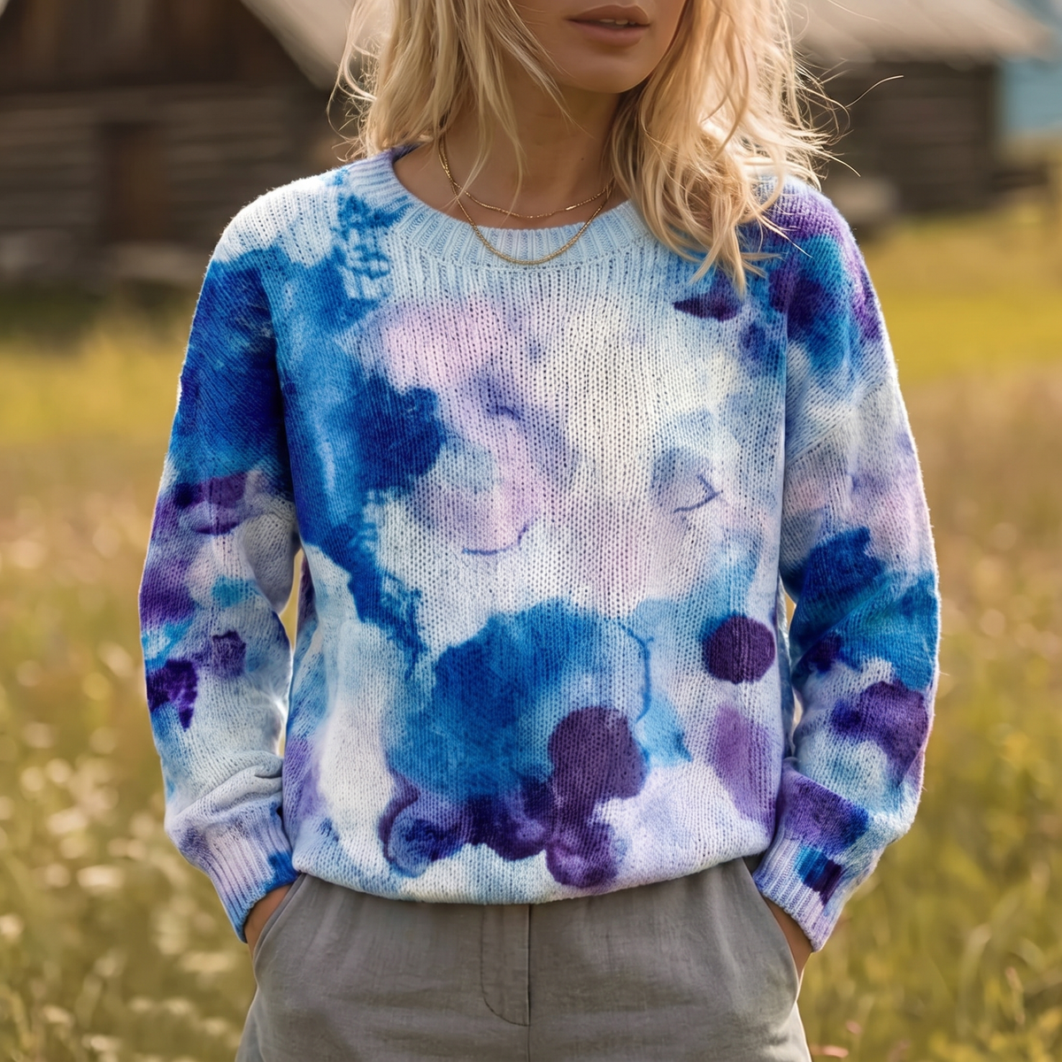 CERULYN | Floral Knit Sweater in Blue Tie-Dye