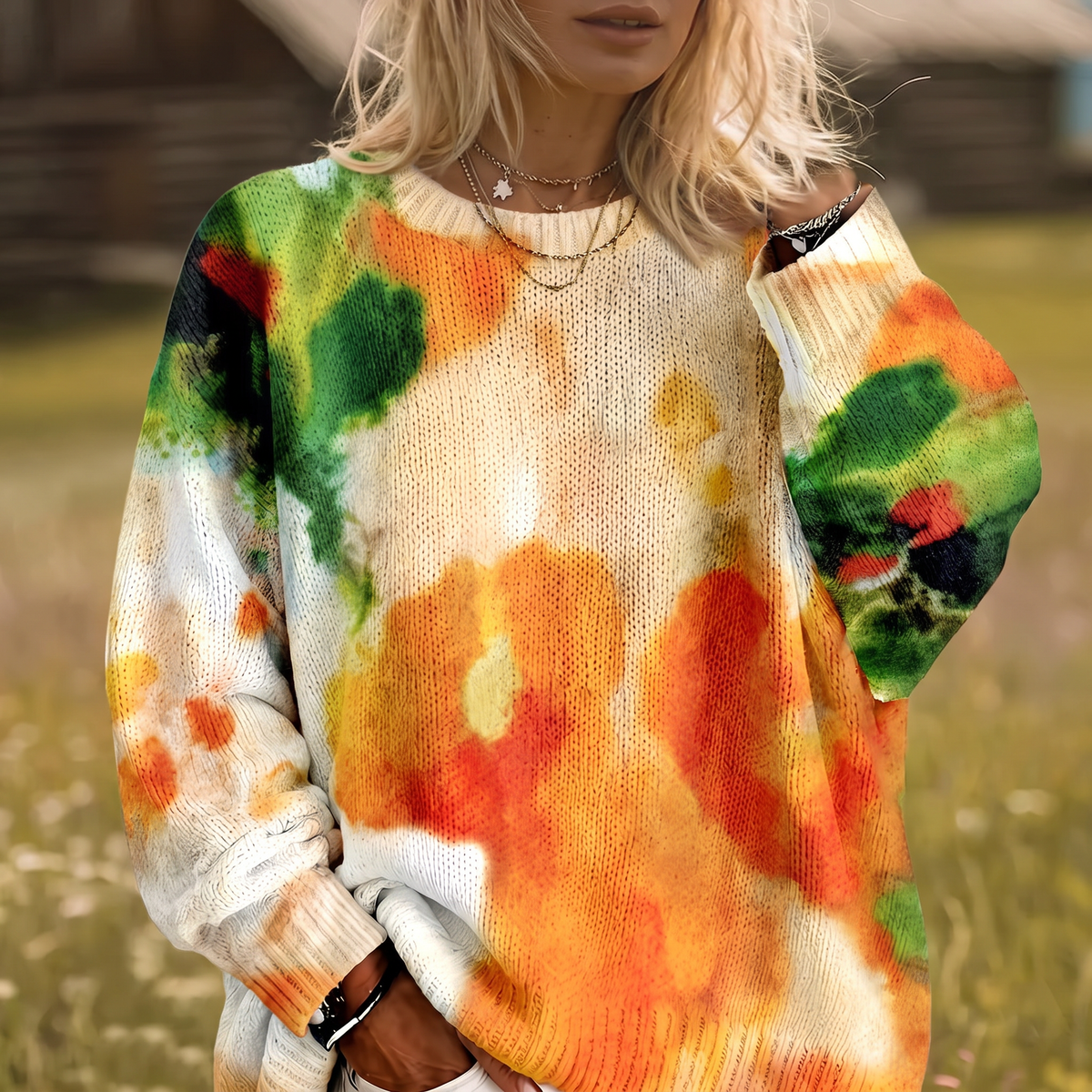 AMBERLEI | Floral Round-Neck Sweater in Orange Tie-Dye