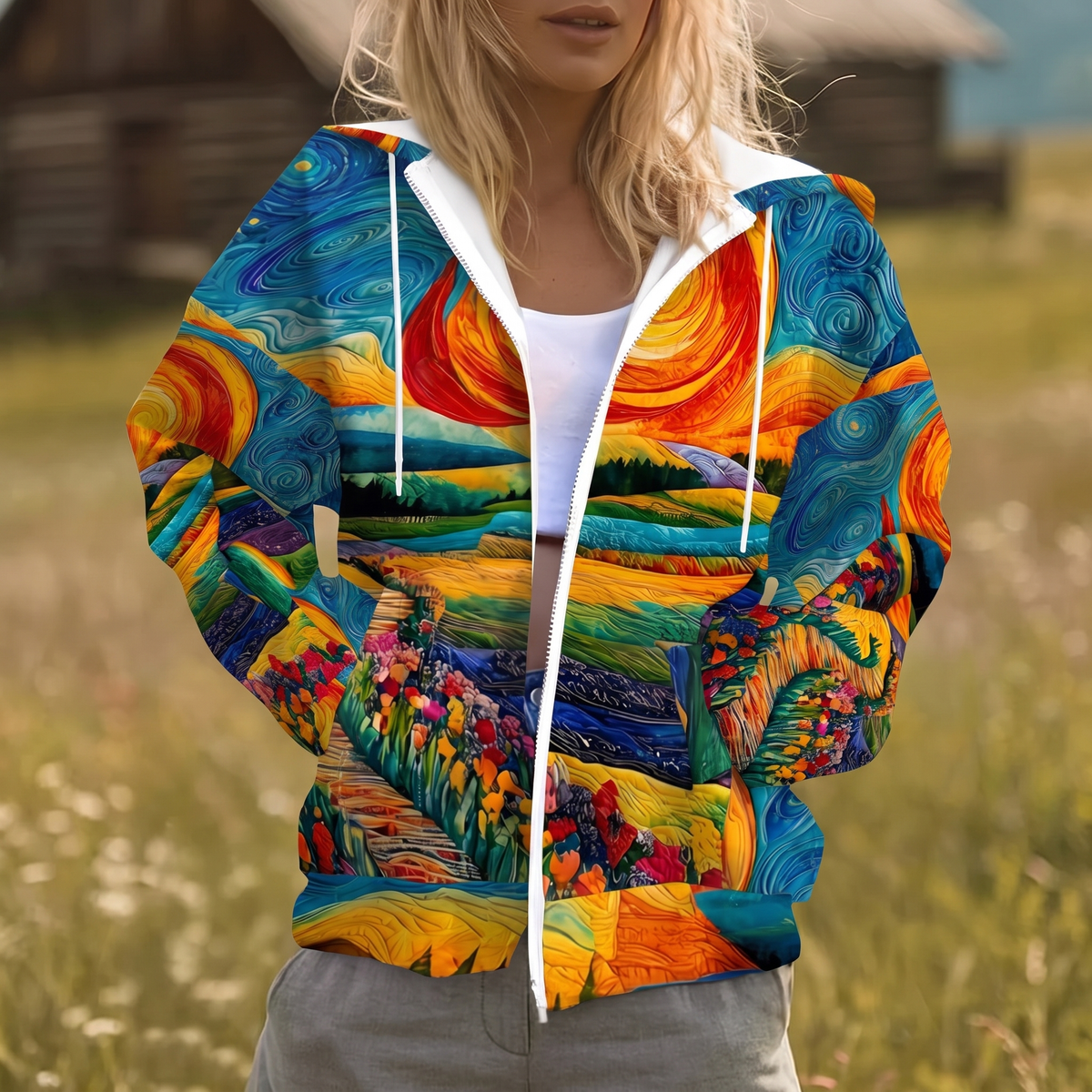 HALCYRA | Full-Zip Hoodie with Sunburst Print