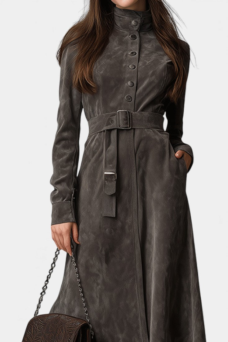 Lexara Women's Longline Western Coat with Belt and Stand Collar