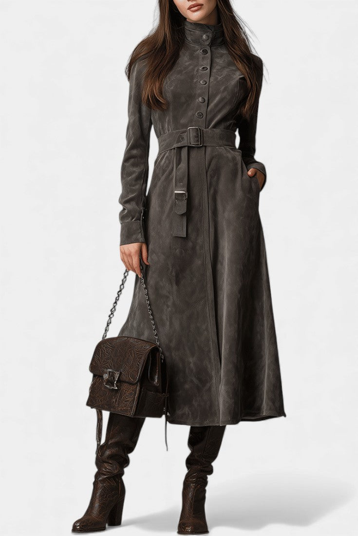 Lexara Women's Longline Western Coat with Belt and Stand Collar