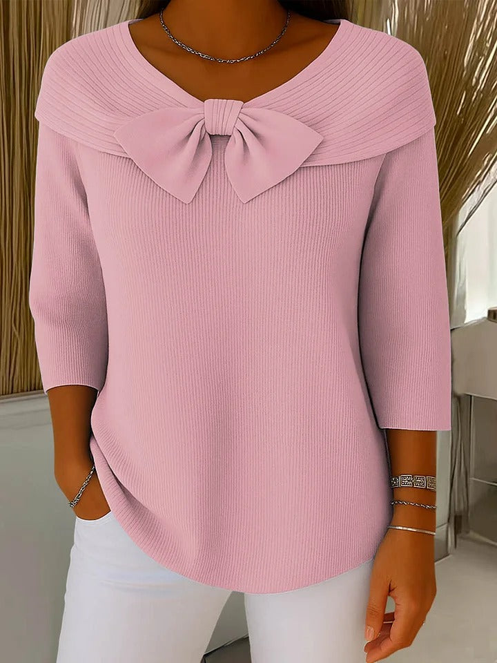 Tivella | Women's Ribbed Sweater Featuring Bow Detail and Round Neckline