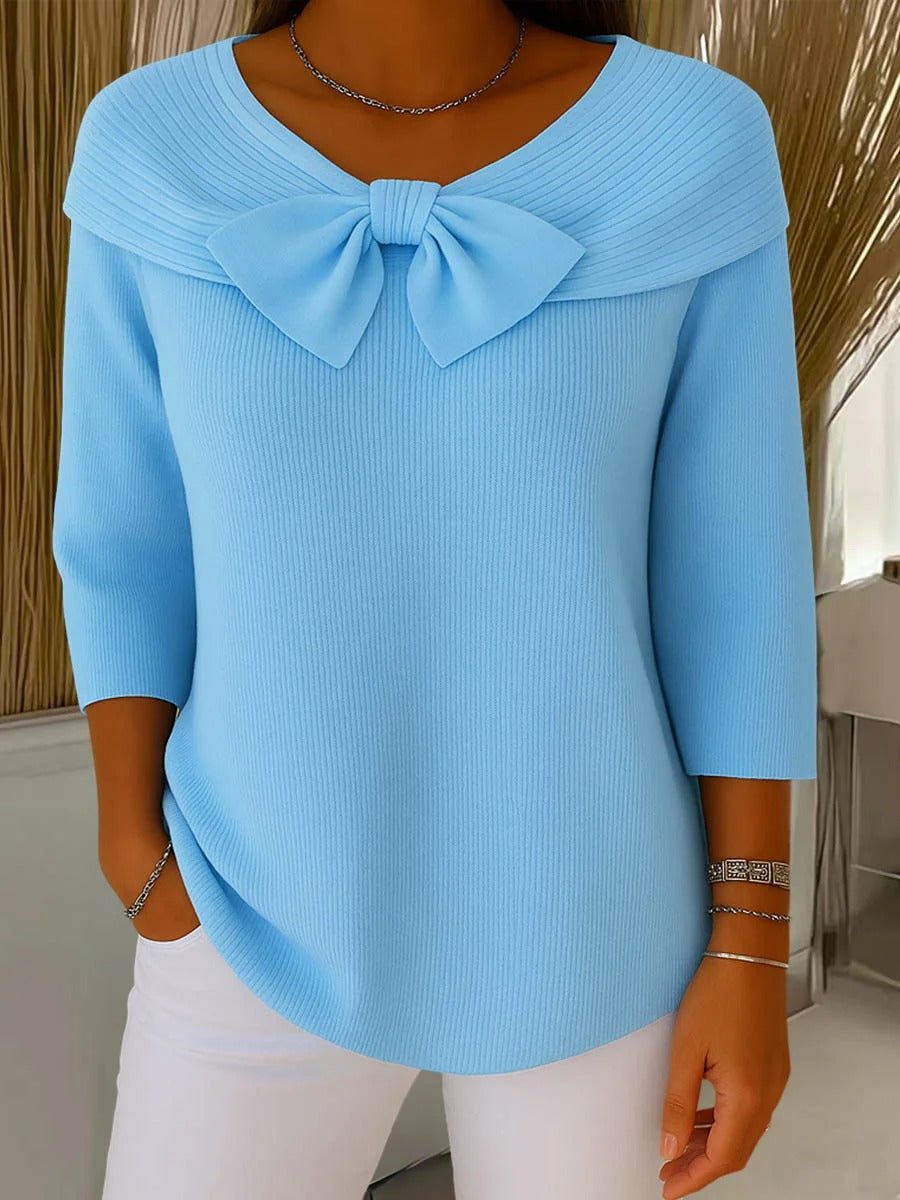 Tivella | Women's Ribbed Sweater Featuring Bow Detail and Round Neckline