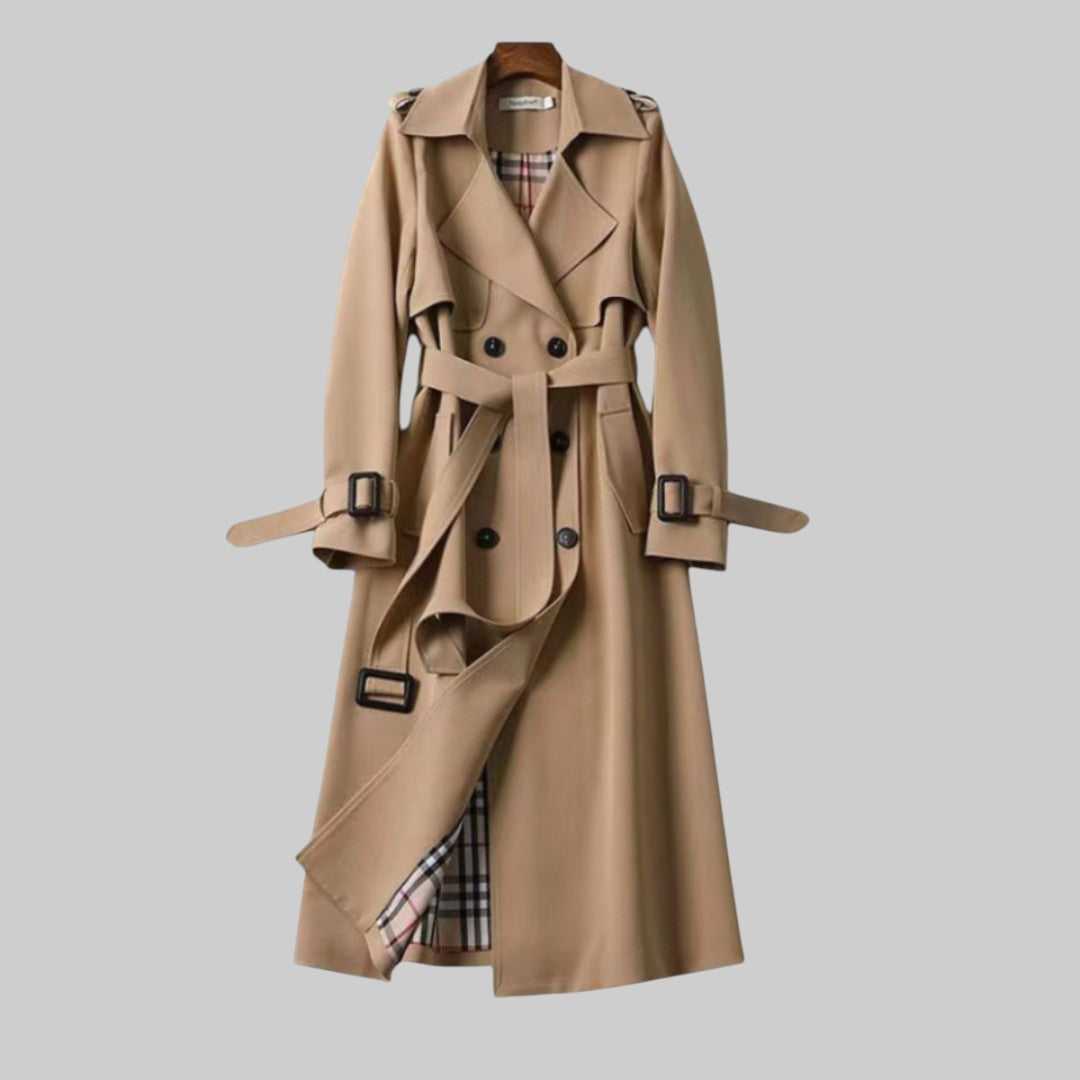 Women's Longline Double-Breasted Trench Coat with Belt | Regular Fit | Notch Lapel | Perfect for Office and City Winter Wear