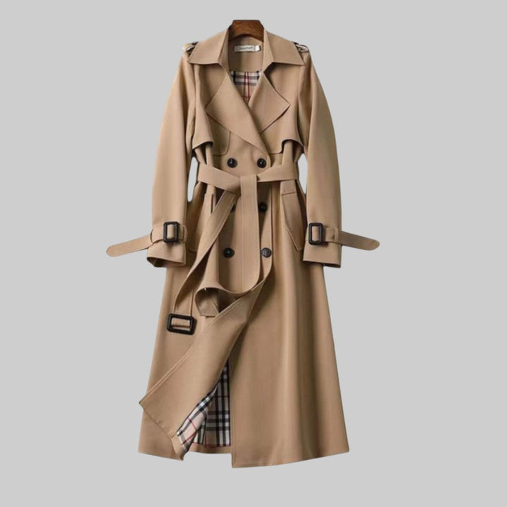 Women's Longline Double-Breasted Trench Coat with Belt | Regular Fit | Notch Lapel | Perfect for Office and City Winter Wear