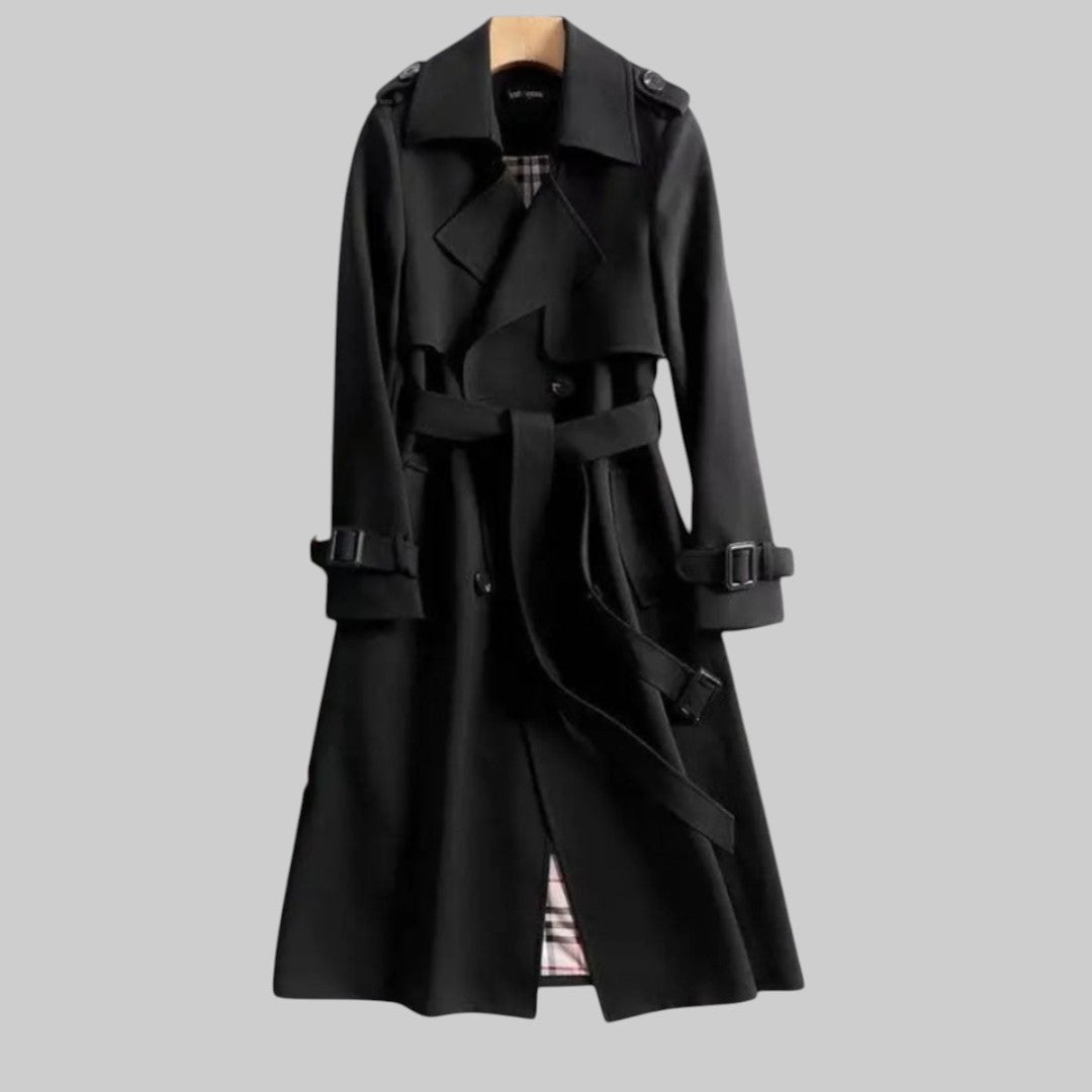 Women's Longline Double-Breasted Trench Coat with Belt | Regular Fit | Notch Lapel | Perfect for Office and City Winter Wear