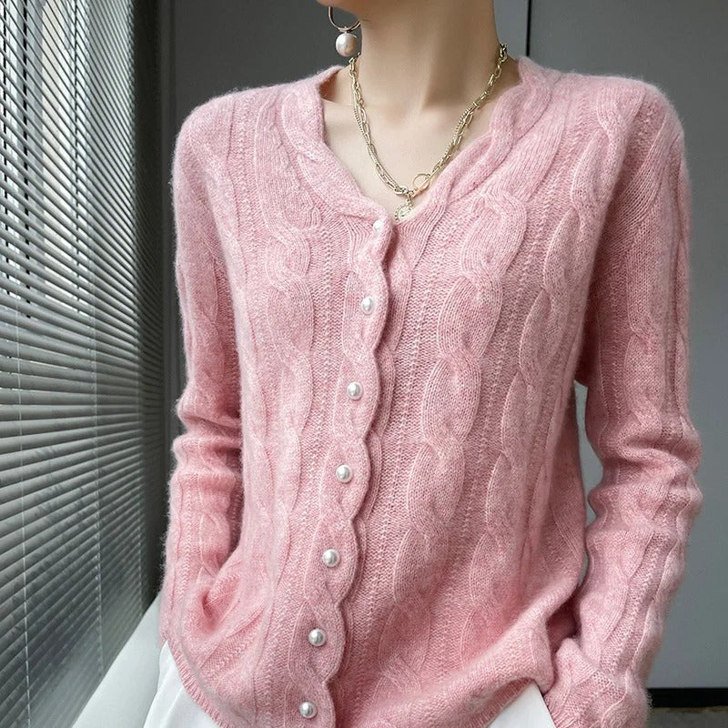 Athena Women's V-Neck Wool Cable Cardigan with Pearl Buttons
