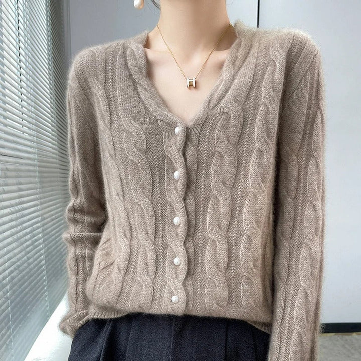Athena Women's V-Neck Wool Cable Cardigan with Pearl Buttons
