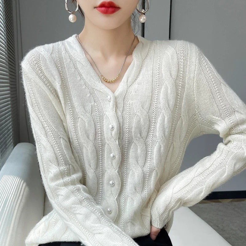 Athena Women's V-Neck Wool Cable Cardigan with Pearl Buttons