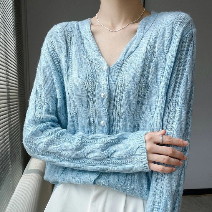 Athena Women's V-Neck Wool Cable Cardigan with Pearl Buttons