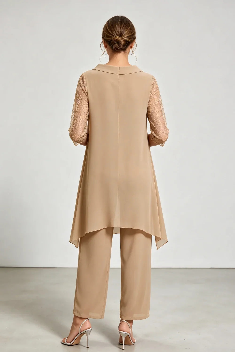 Caroline | Chiffon Pantsuit with Lace Sleeves