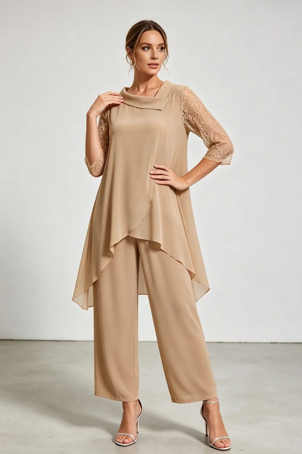 Caroline | Chiffon Pantsuit with Lace Sleeves