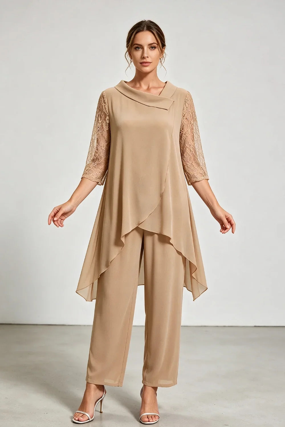 Caroline | Chiffon Pantsuit with Lace Sleeves