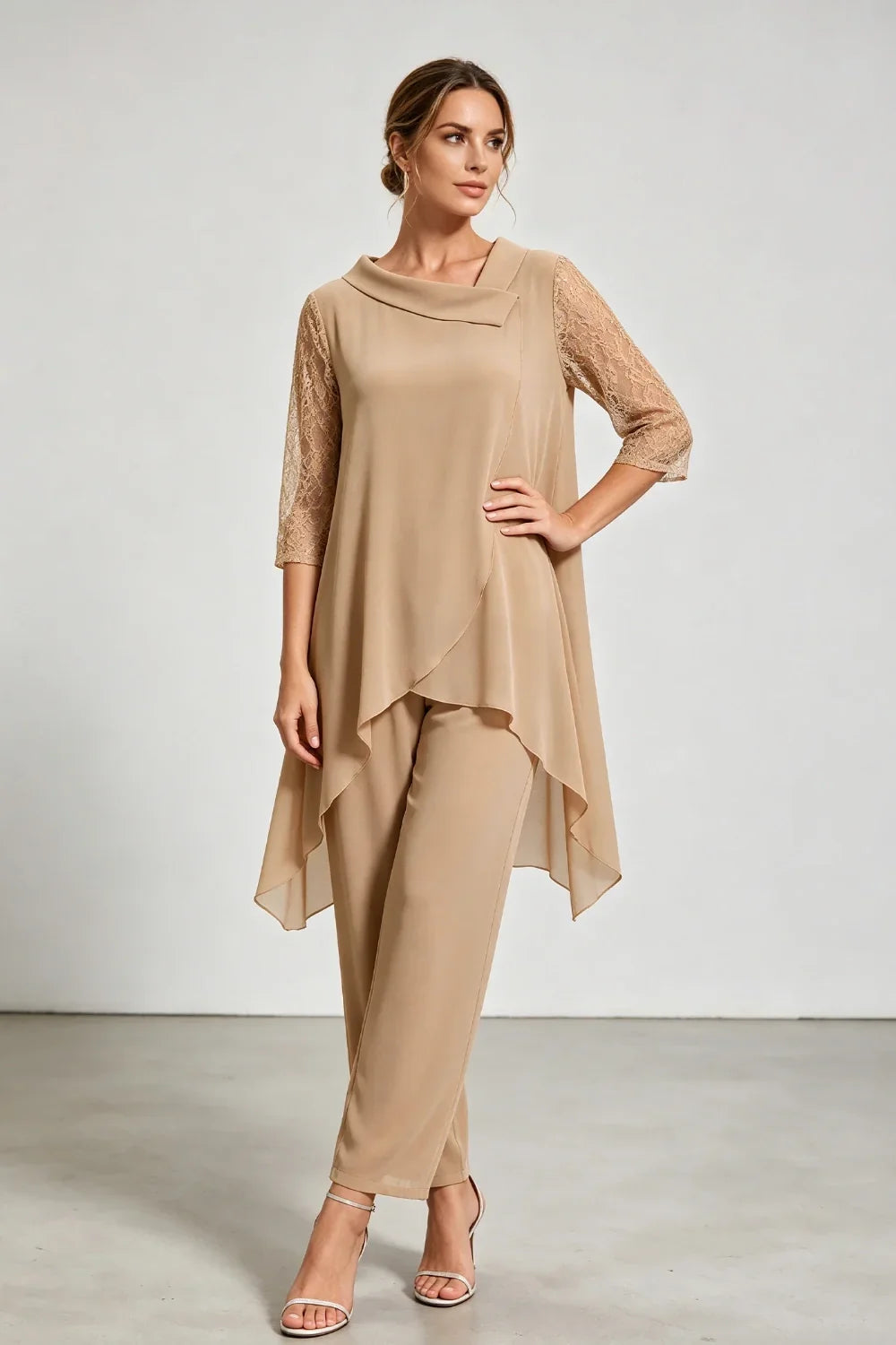 Caroline | Chiffon Pantsuit with Lace Sleeves