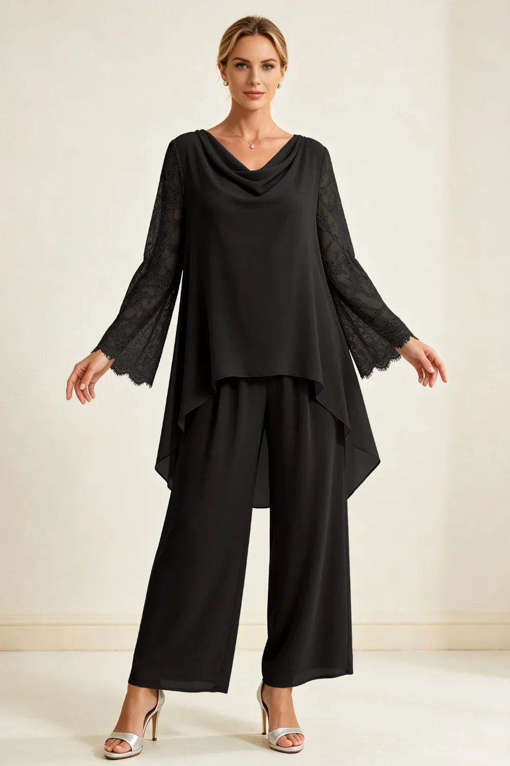 Mieke | Chiffon Pantsuit with Waterfall Neckline