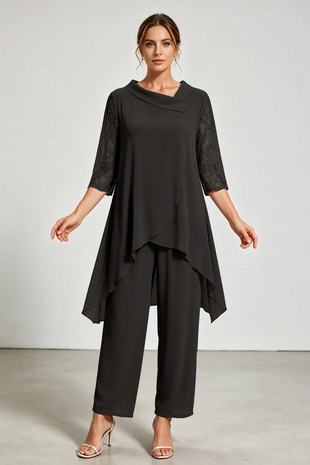 Caroline | Chiffon Pantsuit with Lace Sleeves