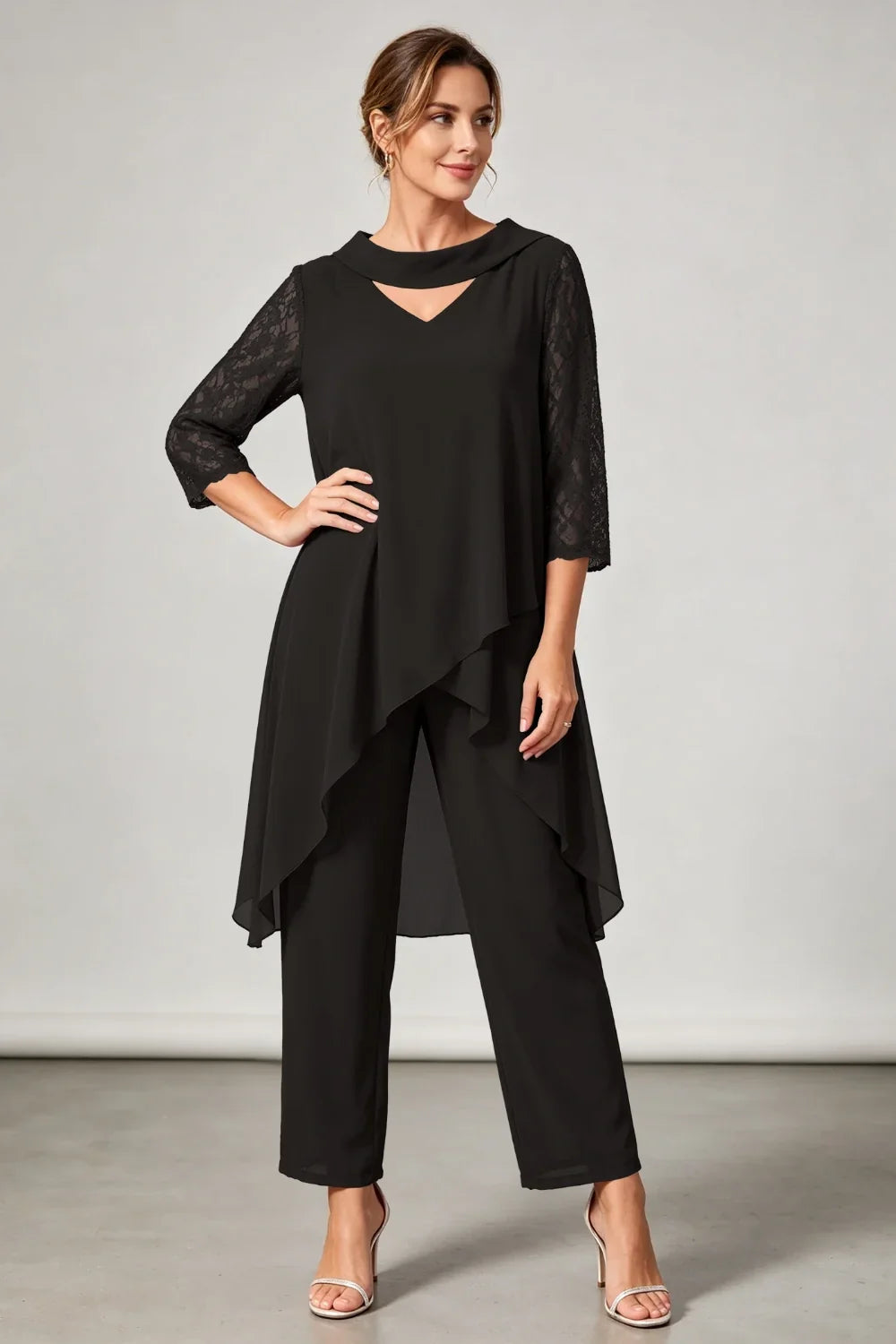 Hilde | Chiffon Pantsuit with Lace Sleeves