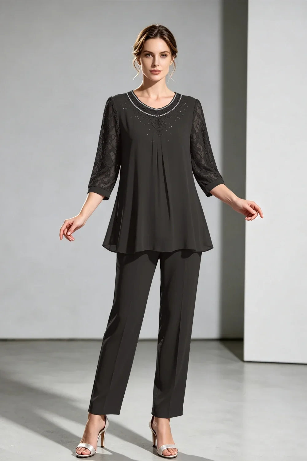Brigitte | Chiffon Pant Suit with Lace Sleeves