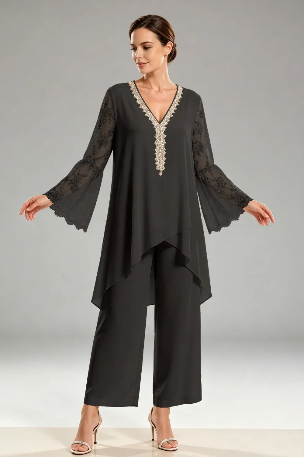 Saskia | Ivory Chiffon Pant Suit with Lace