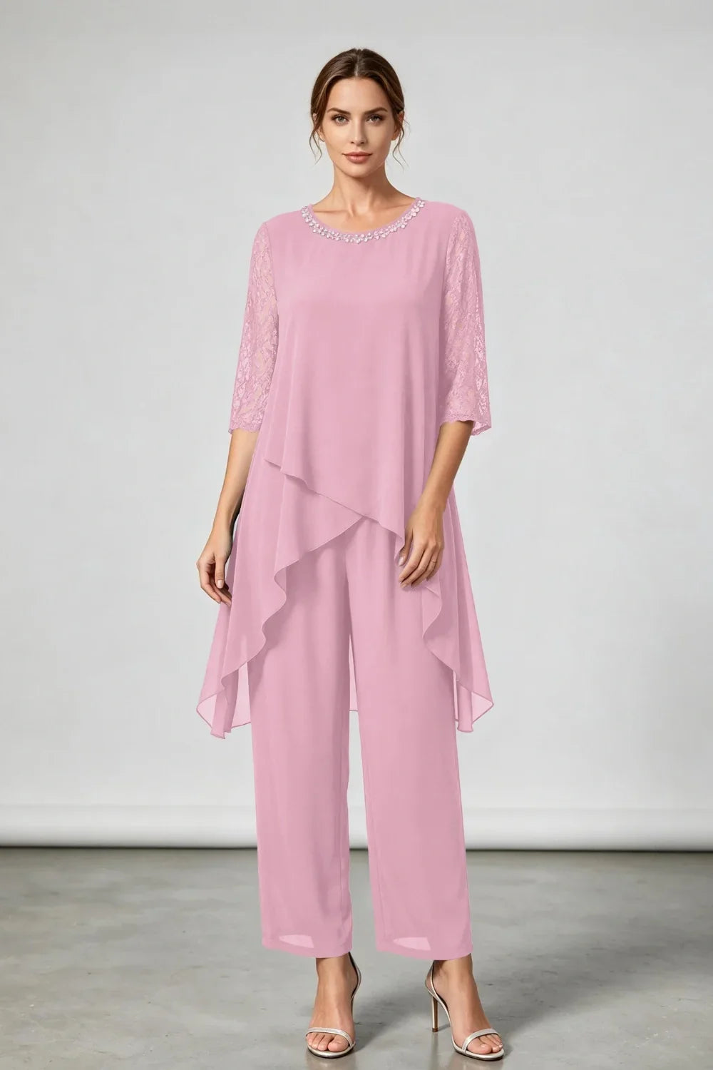 Annemarie | Layered Chiffon Jumpsuit with Decorative Neckline