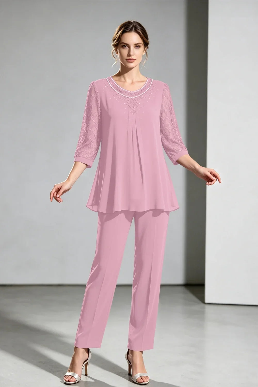 Brigitte | Chiffon Pant Suit with Lace Sleeves