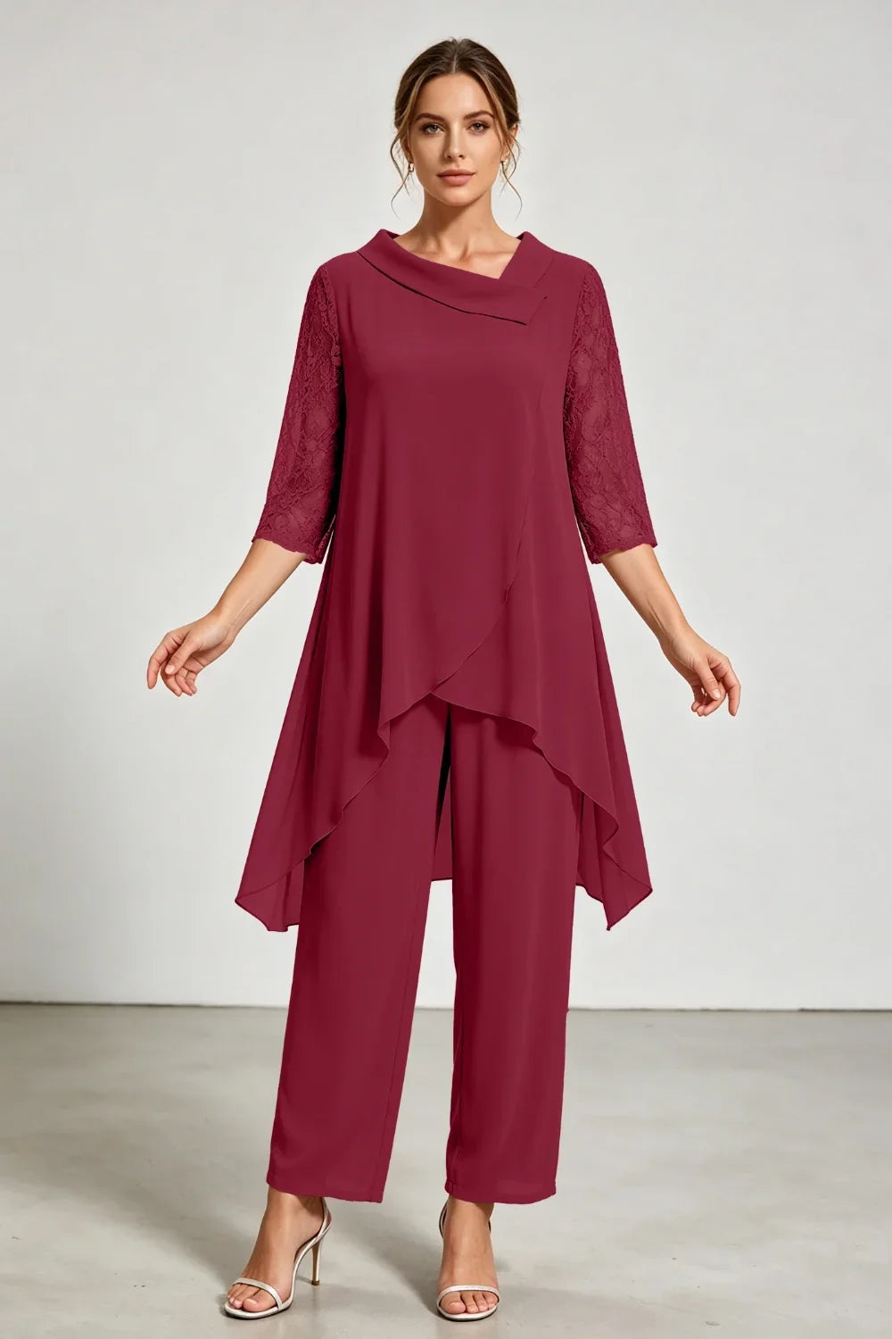 Caroline | Chiffon Pantsuit with Lace Sleeves