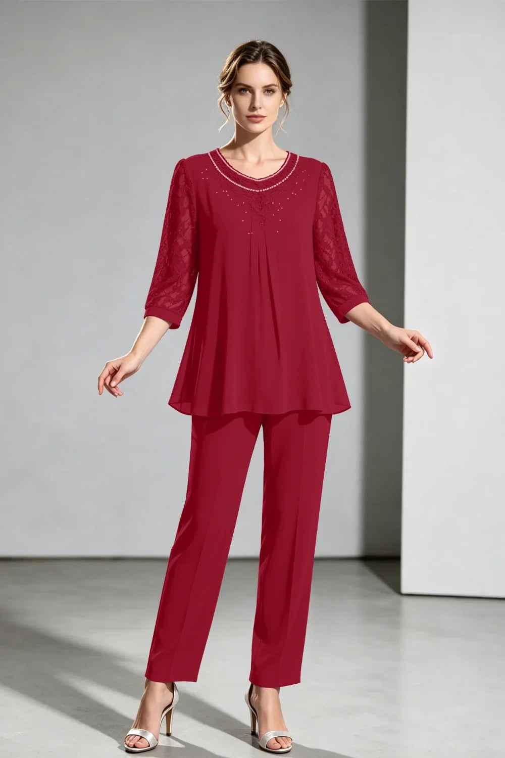 Brigitte | Chiffon Pant Suit with Lace Sleeves