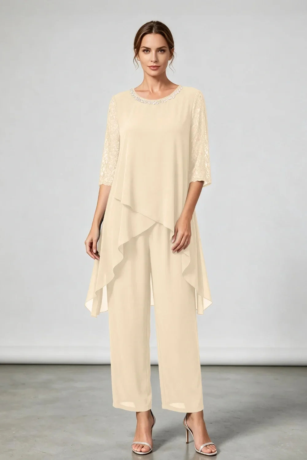 Annemarie | Layered Chiffon Jumpsuit with Decorative Neckline