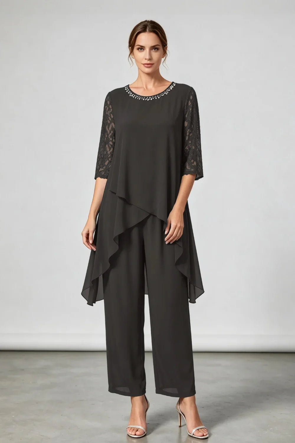 Annemarie | Layered Chiffon Jumpsuit with Decorative Neckline
