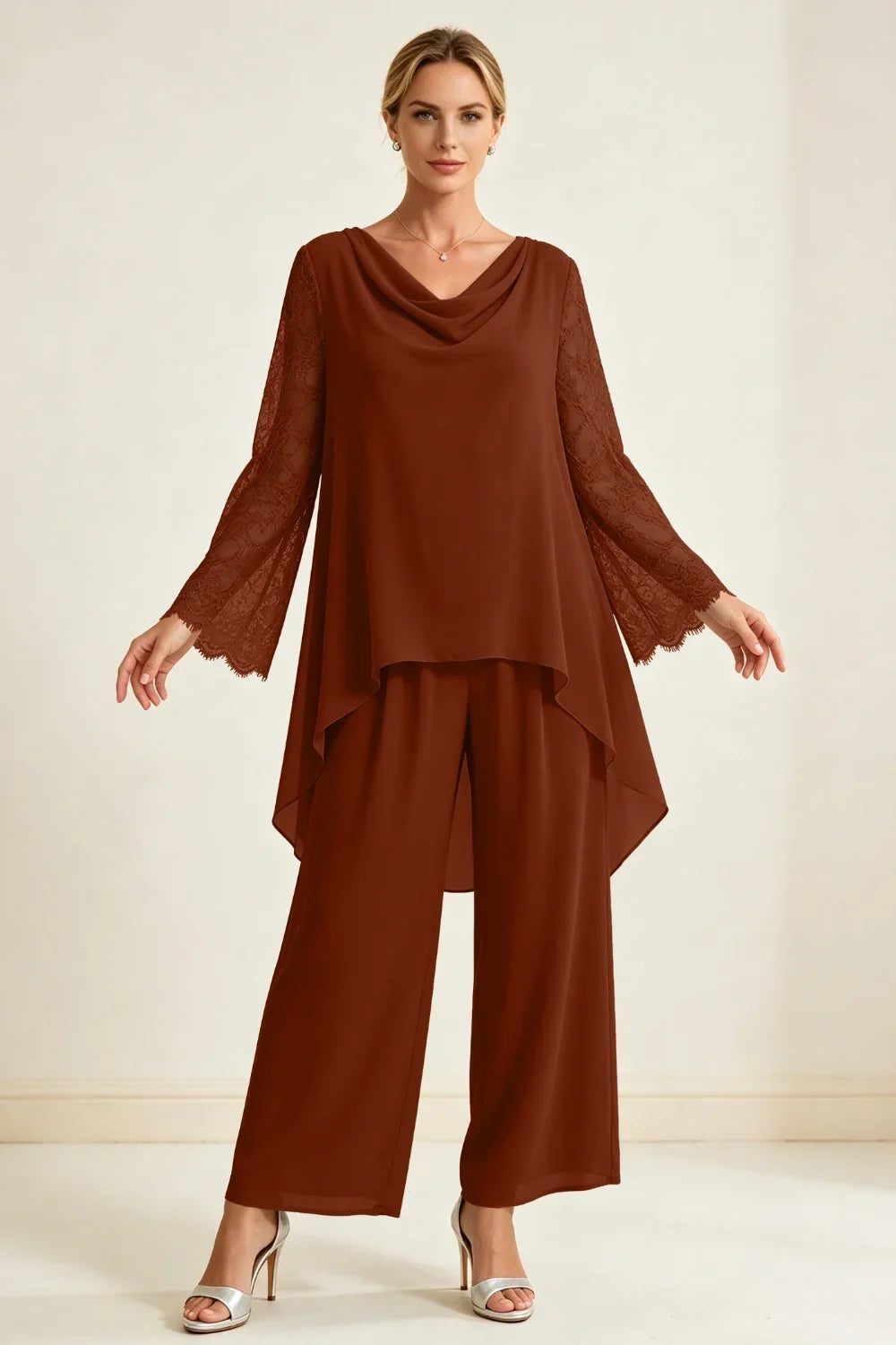 Mieke | Chiffon Pantsuit with Waterfall Neckline
