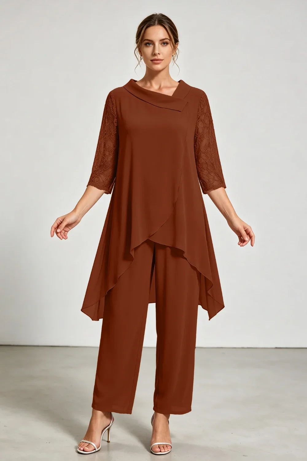 Caroline | Chiffon Pantsuit with Lace Sleeves
