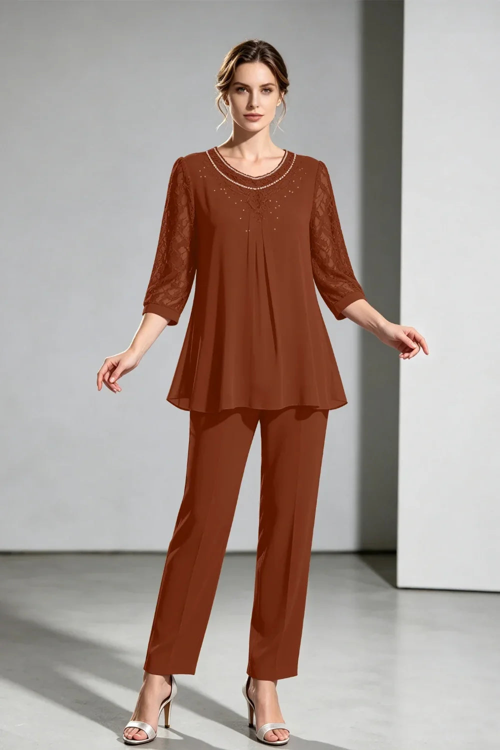 Brigitte | Chiffon Pant Suit with Lace Sleeves