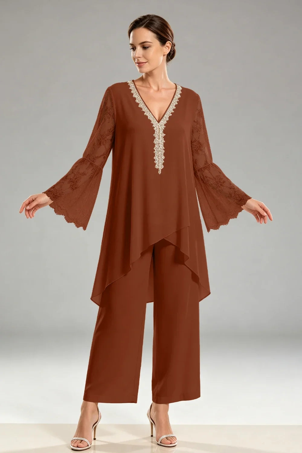 Saskia | Ivory Chiffon Pant Suit with Lace